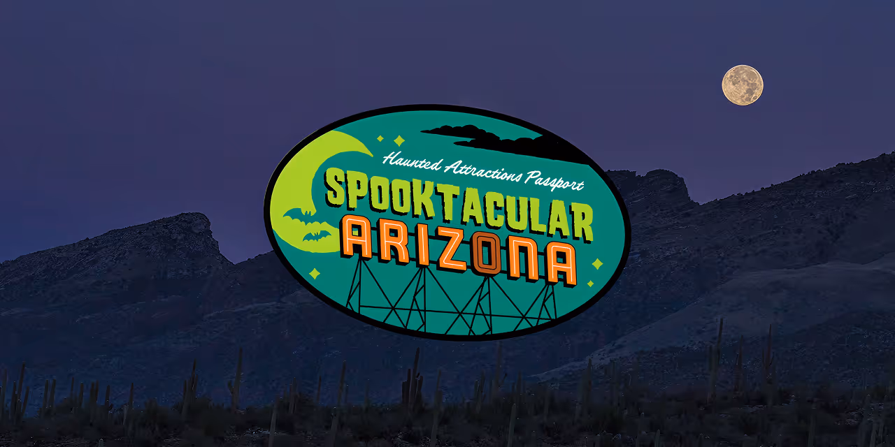 Night desert landscape with mountains, a full moon, and a logo reading 'Haunted Attractions Passport Spooktacular Arizona' featuring bats and a crescent moon.